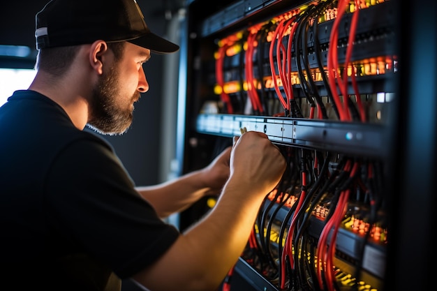 Man technician connecting electrical cables working switchboard Generative AI