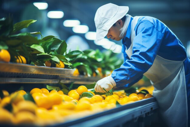 Tecnico che lavora in un magazzino di frutta che controlla il controllo della qualità del controllo della fabbrica di trasformazione alimentare