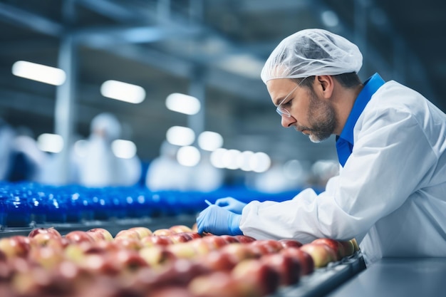 Photo man technologist working at fruit warehouse checking quality control food processing factory control