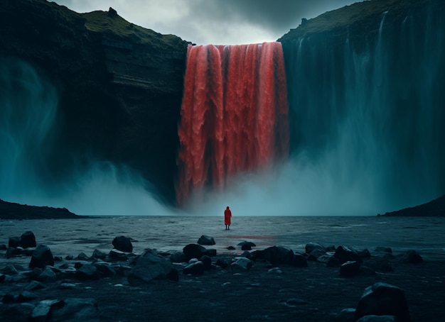 man tegen de achtergrond van een rode waterval apocalyps concept