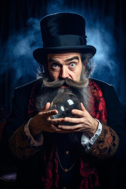 Man telling from a crystal ball dressed as a mysterious fortune teller