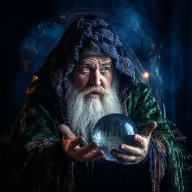 Foto uomo che racconta da una sfera di cristallo vestito da misterioso indovino
