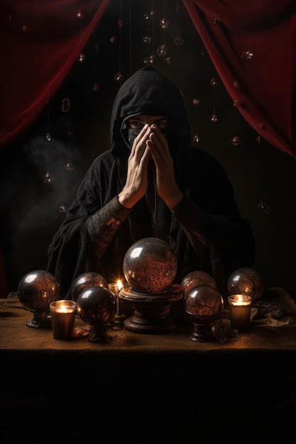 Man telling from a crystal ball dressed as a mysterious fortune teller