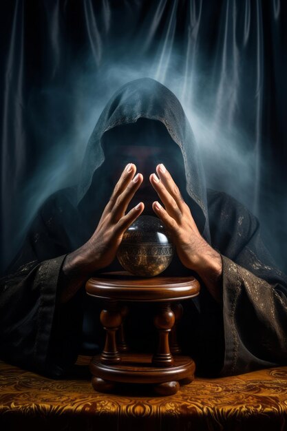 Man telling from a crystal ball dressed as a mysterious fortune teller