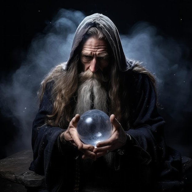 Man telling from a crystal ball dressed as a mysterious fortune teller