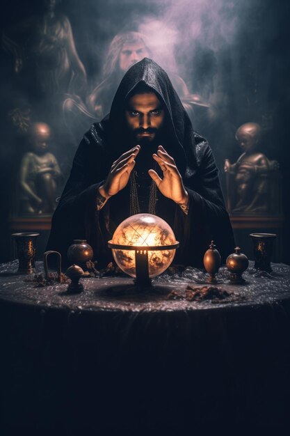 Man telling from a crystal ball dressed as a mysterious fortune teller