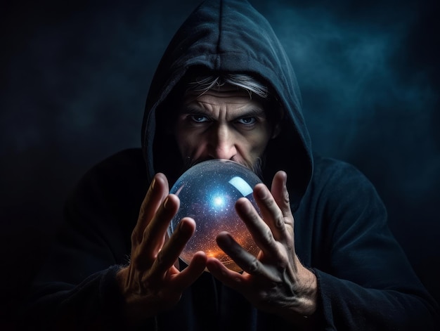 Man telling from a crystal ball dressed as a mysterious fortune teller