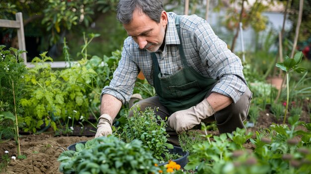 Man tends herbs caring diligently in a purposeful garden