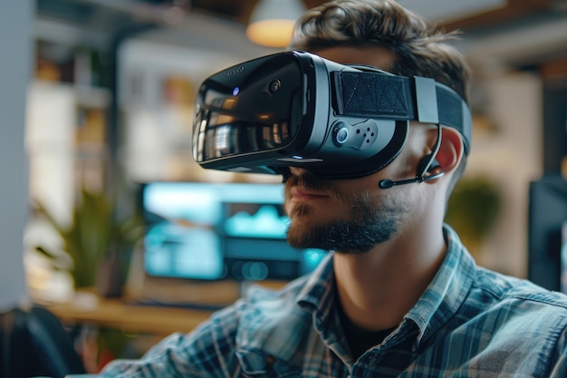 Man testing virtual reality headset with assistant in office