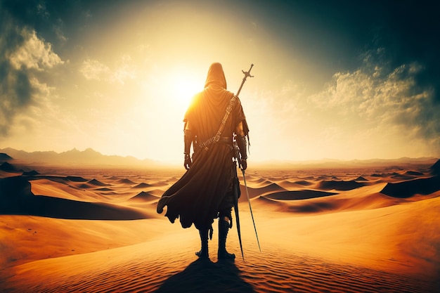 A man that is standing in the middle of the desert