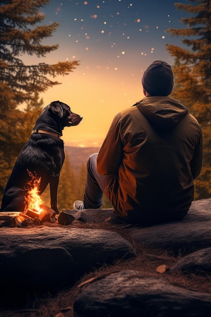 a man and their dog enjoying a great outdoors campfire together AI generative