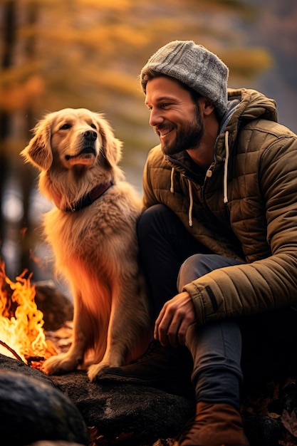 a man and their dog enjoying a great outdoors campfire together AI generative