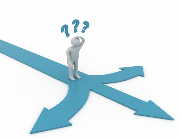 Photo man thinking and confusing with three blue arrows showing three different directions.
