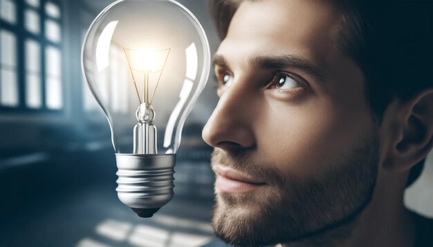 Foto l'uomo che pensa con la lampadina simbolo di innovazione e brainstorming