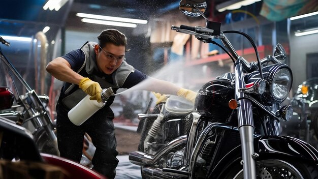 Man throwing liquid soap on the motorcycle in the wash shop