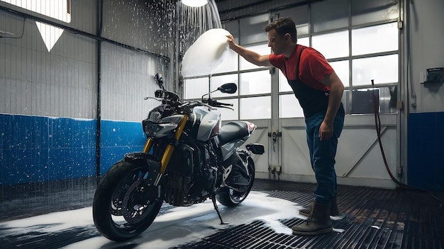 Man throwing liquid soap on the motorcycle in the wash shop