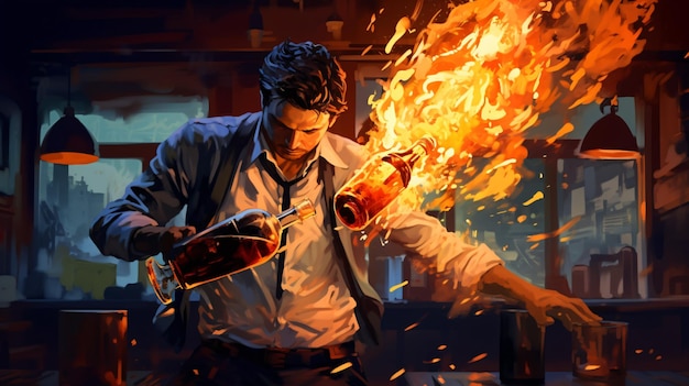 Photo the man throwing a molotov cocktail digital art style