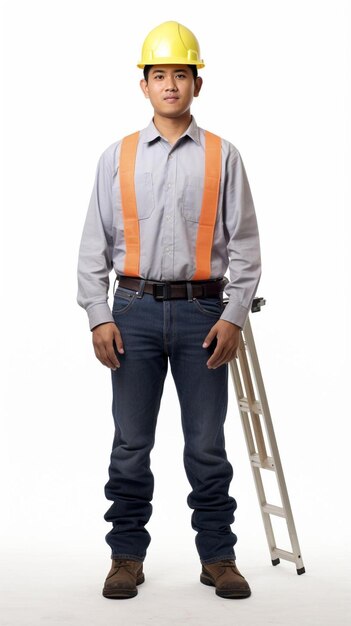 Photo a man in a tie stands in front of a ladder