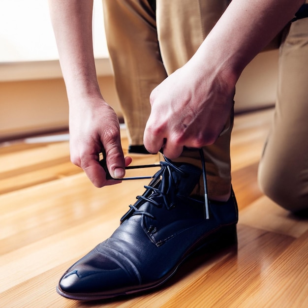 A man ties his shoelaces on the ground