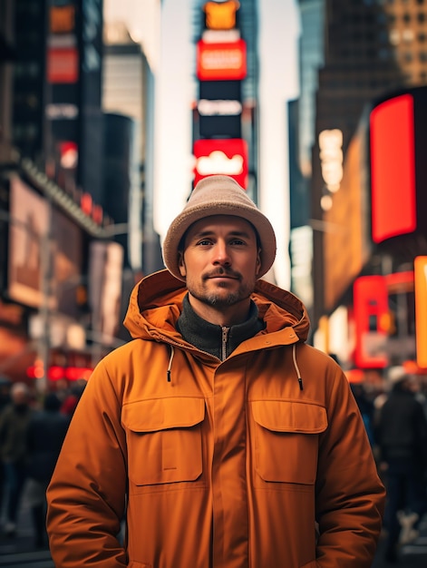 man in times square travel man with landscape travel blog