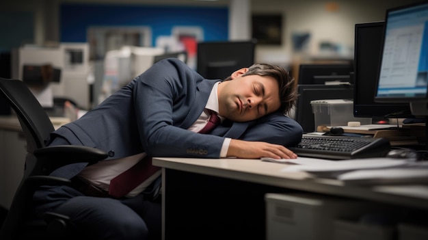 Man tired from work sleeps at his desk in the office