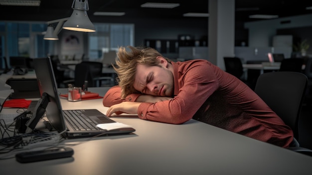 Man tired from work sleeps at his desk in the office