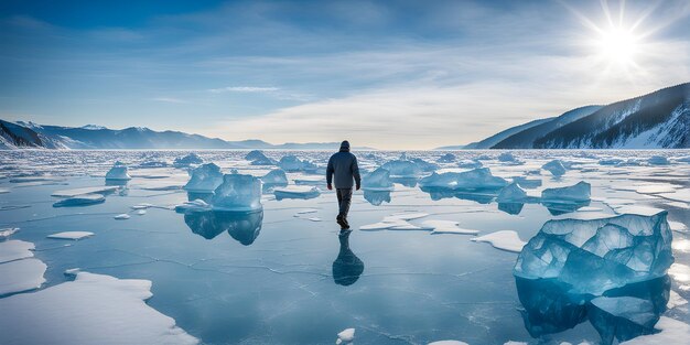 Man-toerist loopt op het ijs van het Baikalmeer winterlandschap