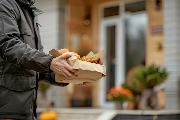 Photo the man took the ordered food from the delivery service