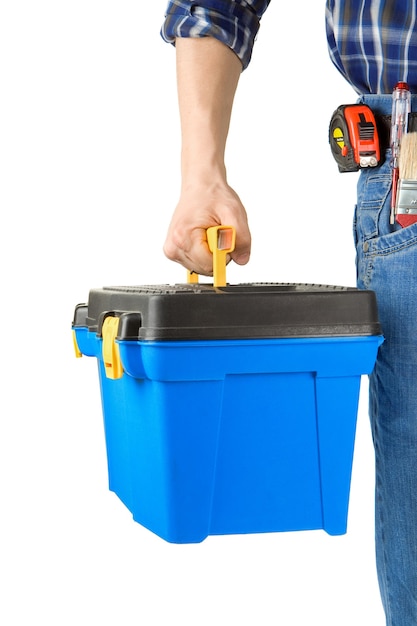 Man and toolbox with set of tools isolated 