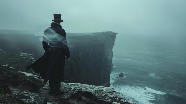 Photo a man in a top hat and coat stands atop a cliff back turned towards the camera as admires the view