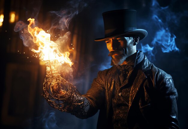 Man in Top Hat Holding Burning Object