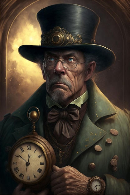 Man in a top hat holding a clock generative ai