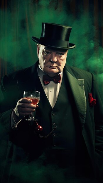 Photo a man in a top hat holds a glass of whiskey