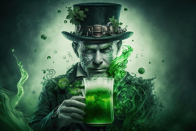 A man in a top hat holds a green mug of green beer with shamrocks on it.