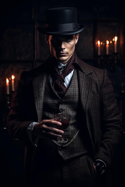 Photo man in a top hat and a top hat holds a glass of red wine in front of a candlelit room.