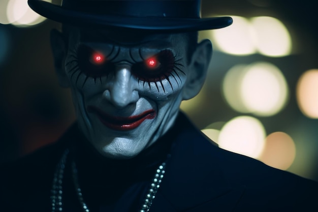 Photo a man in a top hat with red glowing eyes