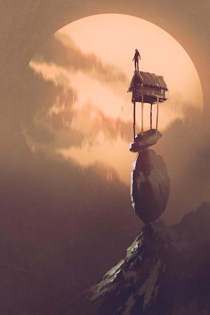 человек наверху небольшого коттеджа над ненадежными сложенными камнями на фоне большой луны в стиле цифрового искусства, живопись-иллюстрация