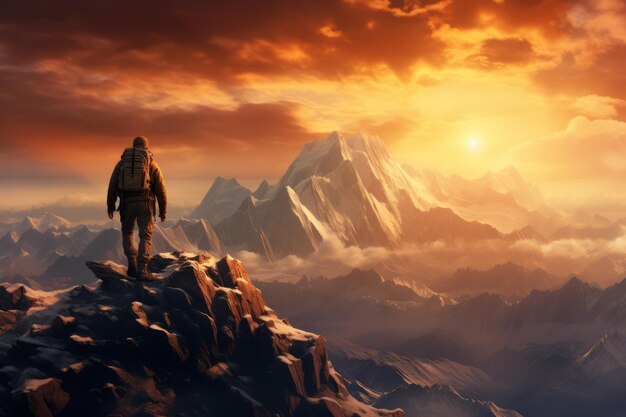 Man on Top of a Mountain Gazing at the Sunset