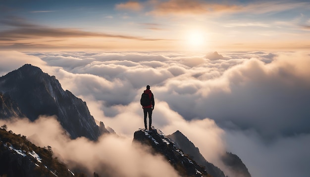 Man on the top of the mountain look at the beautiful clouds