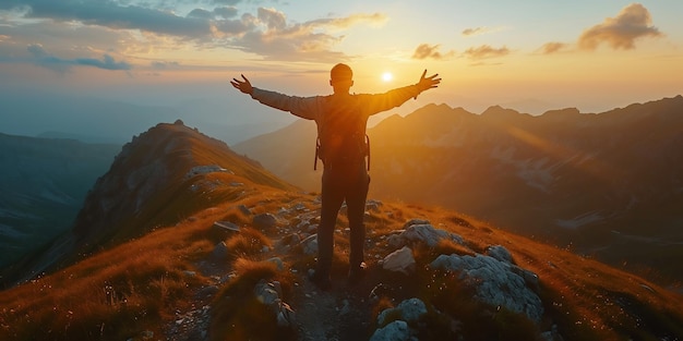 Photo man at the top of a mountain looking the misty landscape around feel free