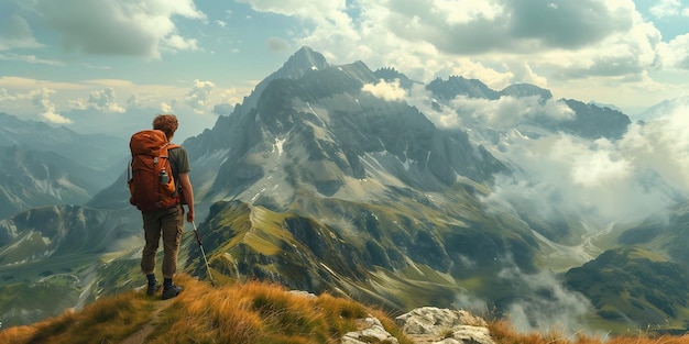 Man at the top of a mountain looking the misty landscape around Feel free