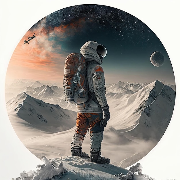 Man on top of a mountain overlooking the sky with planet