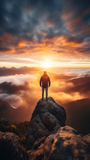 Foto un uomo in cima a una vetta di montagna con vista sulle nuvole e sull'alba