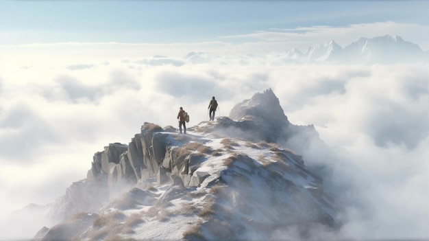 Человек на вершине горы, идущий по белой скалолазательной фотографии, изображение, созданное искусственным интеллектом.