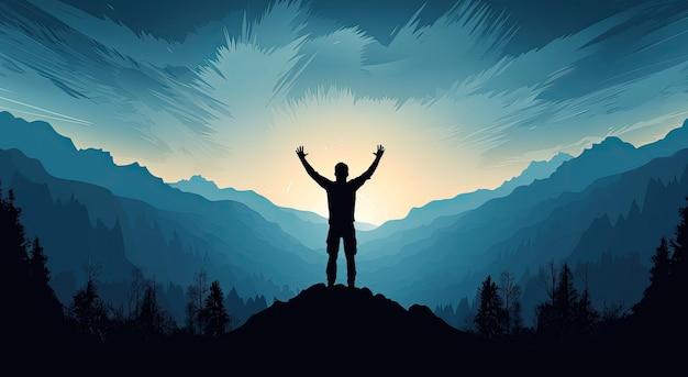 Man on the top of the mountain with his hands to the sky adventure and gratitude Generative AI