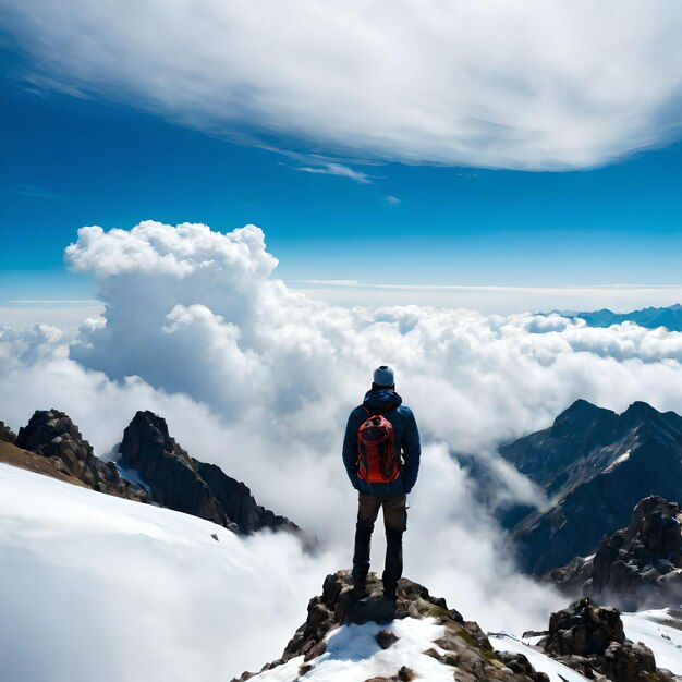 Photo a man on top of a mountain with only clouds around him