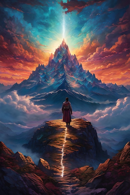 Foto un uomo in cima a una montagna con solo nuvole attorno a lui