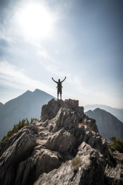 Man on top of a mountain with raised hands from a sense of success Achievement of the goal AI generative