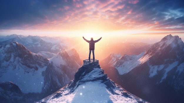 Foto un uomo in cima a una montagna con il sole che splende su di lui