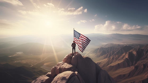 Photo man on top of a mountain with usa flag of america goal success concept generative ai